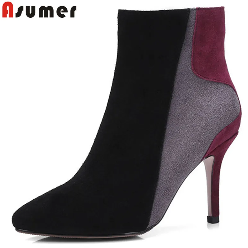 

ASUMER fashion pointed toe zip ankle boots mixed colors stiletto heels high heels suede leather boots 2018 new boots women