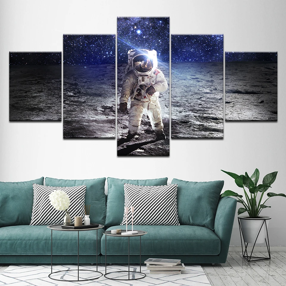 

Canvas Painting astronaut on the moon space 5 Pieces Wall Art Painting Modular Wallpapers Poster Print living room Home Decor