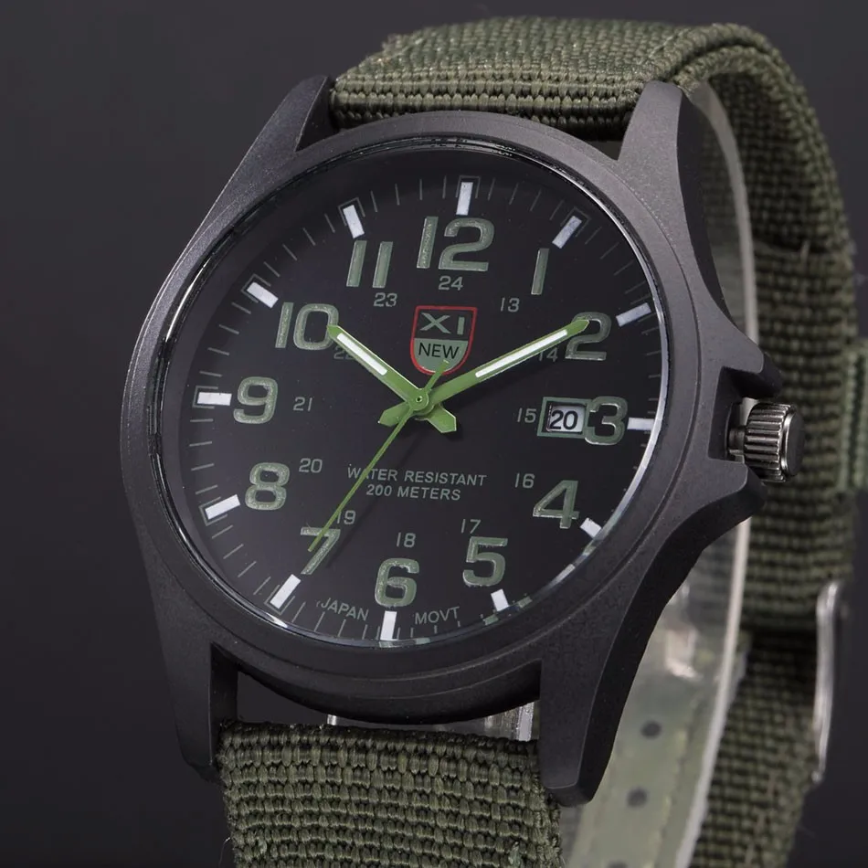 Известный бренд, Мужские кварцевые часы с датой, relogio militar, Холщовый ремешок, спортивные аналоговые часы, мужские наручные часы, Relogio Masculino - Цвет: Зеленый