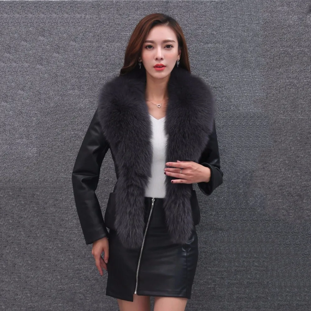 Autumn Winter Women Bomber Faux Fox Fur Collar Stitching PU Jacket Locomotive Coat With Belt Female Warm Plus Size Outwear O678 Autumn Winter Women Bomber Faux Fox Fur Collar Stitching PU Jacket Locomotive Coat With Belt Female Warm Plus Size Outwear O678