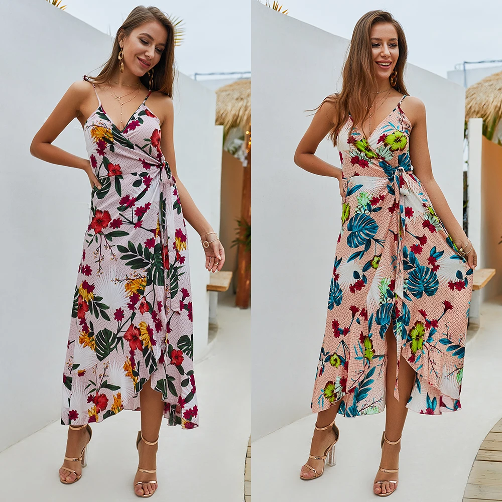 

Summer Women's Dress 2019 Strap Sexy Bohemian Flower Outerwear Beach Holiday Medium Long V-neck Dress Brand BONJEAN