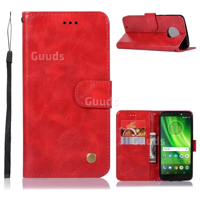 Luxury Retro Leather Wallet Case for Motorola Moto G6 - Red