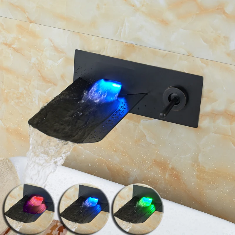 

Oil Rubbed Bronze Led Lignt Bathroom Mixer Taps One Handles Waterfall Basin Sink Faucet Wall Mounted
