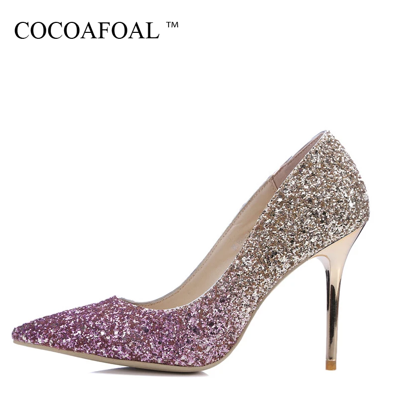 

COCOAFOAL Woman Purple High Heels Shoes Silvery Wine Red Fashion Sexy Pumps Bling Stiletto Pointed Toe Party Wedding Pumps 2018