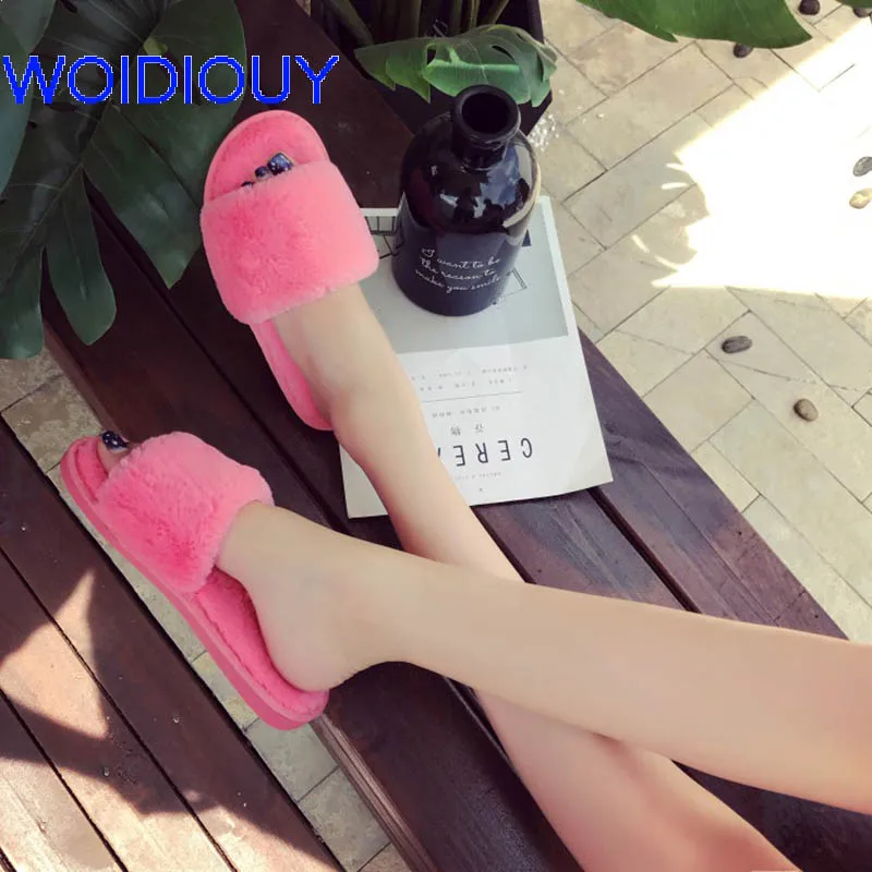

Pink Plush Fur Women Slippers Solid Fashion Spring Summer Autumn Plush Slippers Women Faux Fur Slides Flip Flops Flat Shoes