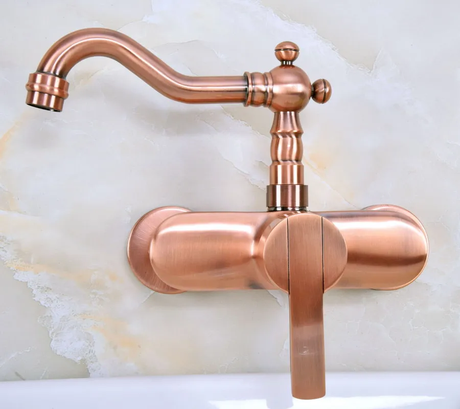 Antique Red Copper Brass Wall Mounted Bathroom Kitchen Sink Faucet Swivel Spout Mixer Tap Single Handle Lever anf935
