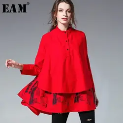 [EAM] 2019 Новый сезон: весна–лето одноцветное Цвет блузка с принтом с длинным рукавом сращены стенд большой размер, свободного кроя женское