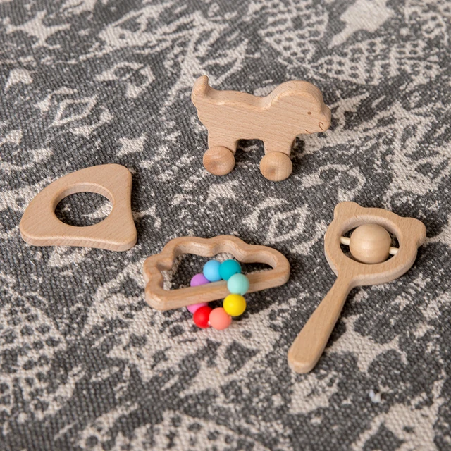 4Pcs/Set Beech Wood Cartoon Rabbit Trojan Horse Cloud Wooden Teething Rodent Tiny Rod Toy For Nursing Baby Toys Children Goods 5