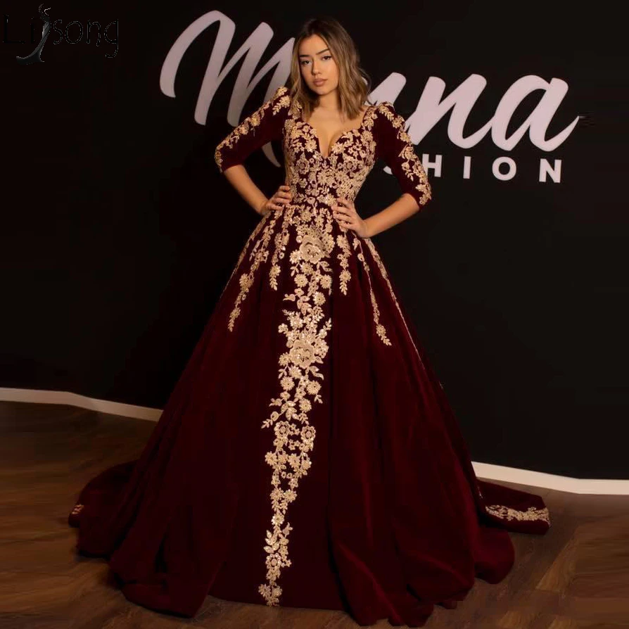Arabic Burgundy Prom Dresses Gold Appliqued A Line Deep V Neck 34 Long Sleeves Evening Dress Velvet Custom Plus Size Party Gowns 169