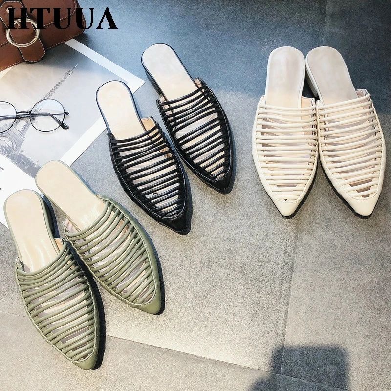 

HTUUA Designer Slippers Women Flats Mules Shoes Woman Fashion Hollow Stripe Strap Slides Ladies Outside Beach Sandals SX2404