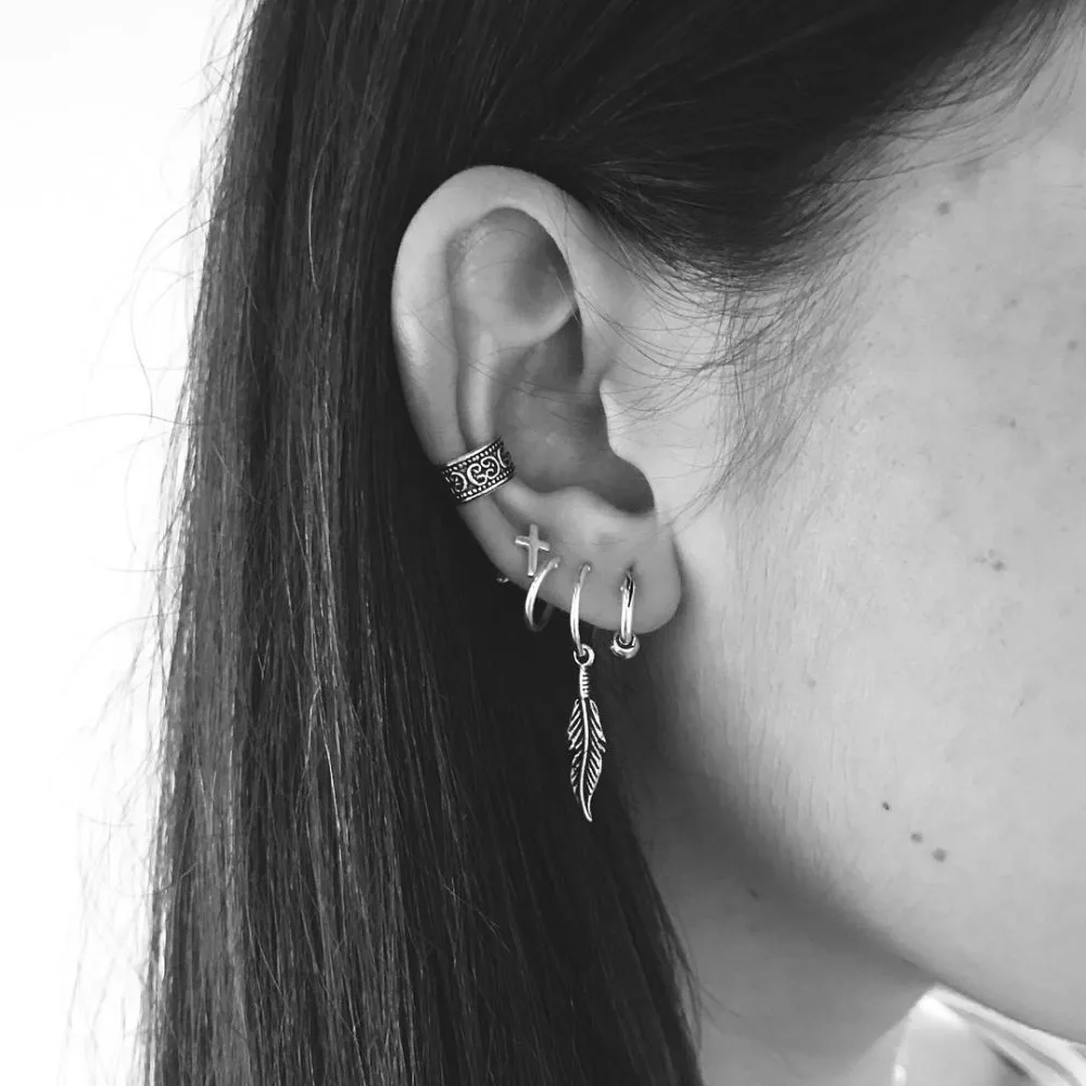 

Tisonliz 5Pcs/ Set Vintage Silver Cross Leaf Pendant Tassel Earrings Set For Women Stud Earrings Female Party Jewelry Brincos