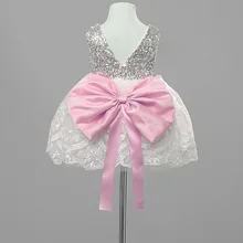 Кружевное платье-пачка для девочек; торжественное бальное платье с бантом и v-образным вырезом на спине; Детские платья без рукавов с круглым вырезом