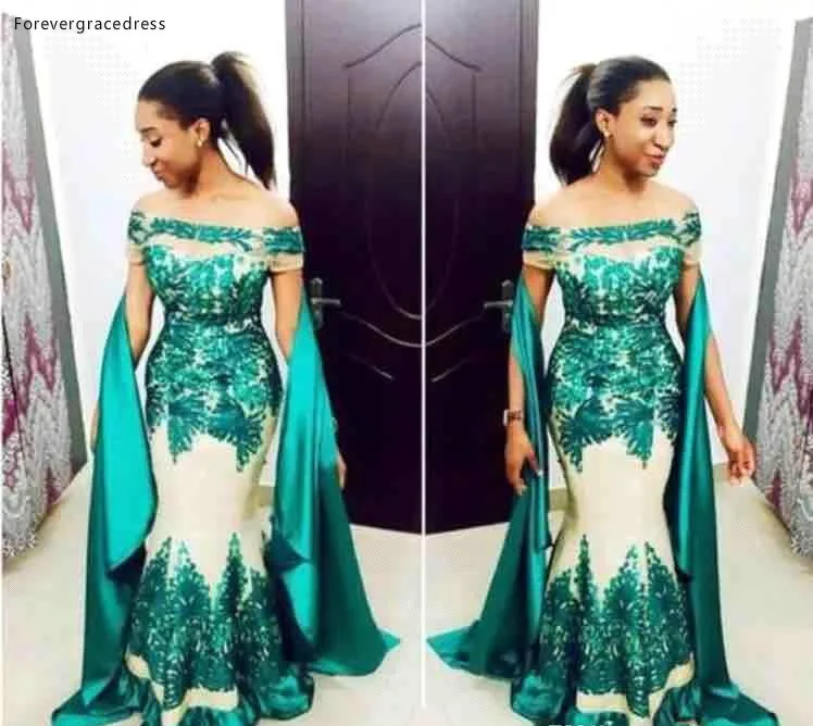 Hunter Green Black Girl Prom Dresses 2019 Off Shoulder Short Sleeves Lace Applique Evening Gowns With Satin Wrap BC2065  148