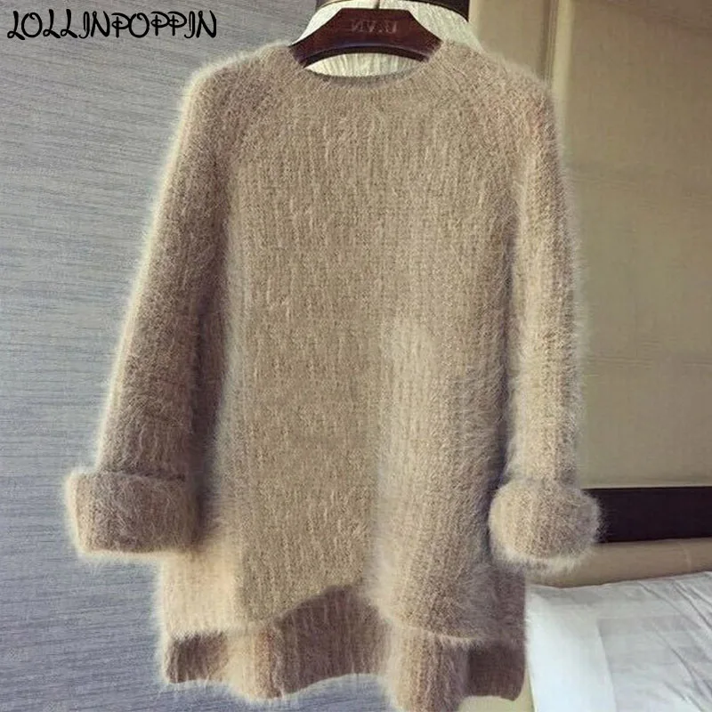 

Women Fluffy Sweater Asymmetric Bottom O-Neck Knitted Pullovers Loose Fit 2019 Winter Ladies Batwing Sleeves Sweaters