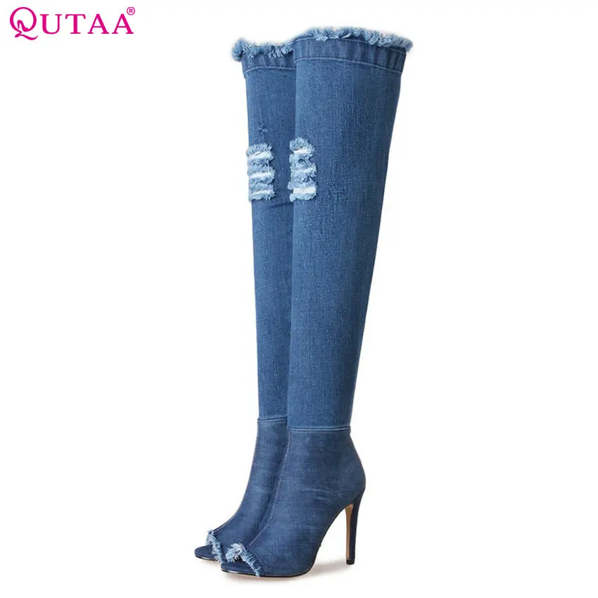 QUTAA 2018 Women Over The Knee High Boots Denim Fashion Short or Long Boots Pointed Toe Thin High Heel Women Boots Size 34-39 цена QUTAA 2018 Women Over The Knee High Boots Denim Fashion Short or Long Boots Pointed Toe Thin High Heel Women Boots Size 34-39 цены онлайн