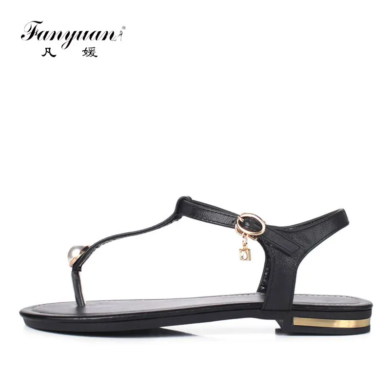 

fanyuan Genuine Leather Sandals Women Elegant Pearl Ladies Sandals T-tied Flip Flops Sandals Buckle Girl's Summer Beach Shoes