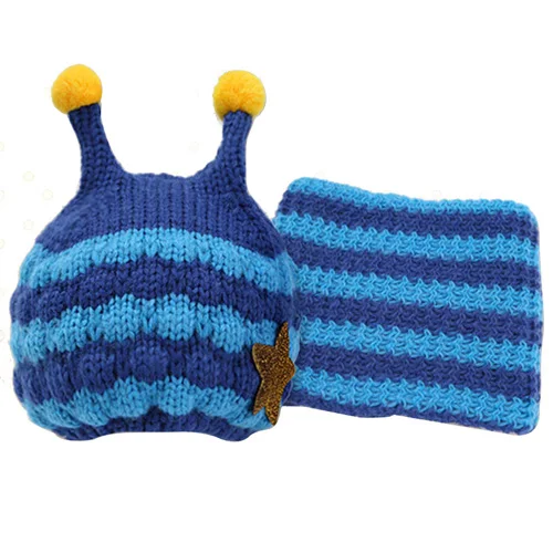 Детская зимняя шапка, шаль, комплект для детей от 6 месяцев до 4 лет, вязаная шерстяная шапка в полоску для маленьких мальчиков и девочек, шарф, очень теплая детская шапка с рисунком пчелы - Цвет: Blue