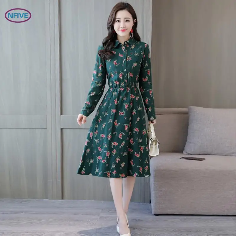 

NFIVE Brand 2018 Woman Cotton And Linen Printed Dresses New Fashion Korean Dress Fall Long Sleeves Vestidos Small Floral Vestido
