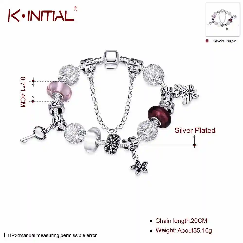 Kinitial Fashion Butterfly Lock Flower Charm Glass&Crystal Bead
