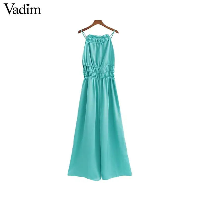 

Vadim women sexy blue jumpsuits wide leg sleeveless spaghetti strap elegant rompers female chic playsuits KA921