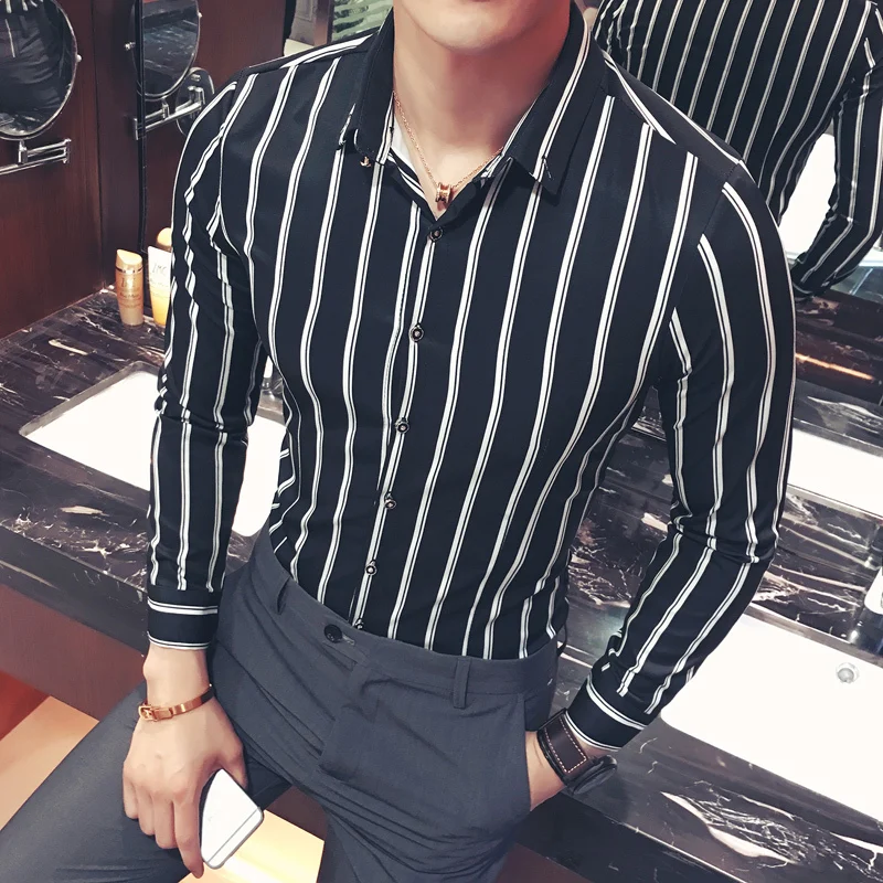 Корейская рубашка в полоску, мужская приталенная винтажная рубашка в Вертикальную Полоску, мужская рубашка с длинным рукавом, Camisa Social Masculina Chemise Homme 4xl 5xl
