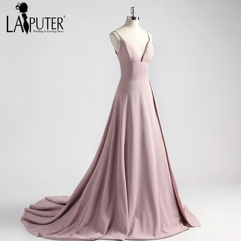 

Laiputer 2018 Pink Spaghetti Strap Spandex High Slit Sexy V-neck Elegant Formal Evening Prom Dresses Party Gown Custom Made