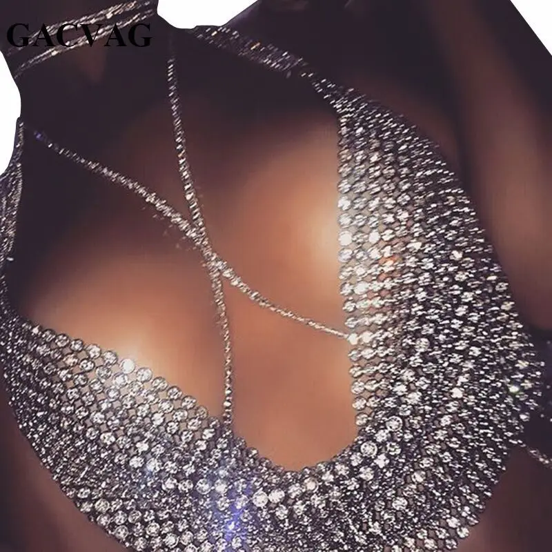 

Women Diamond Metal Crop Top 2019 Summer Beach Sexy Gold Sparkly Sequin Draped Chain Backless Club Vest Crystal Mesh Tank Top
