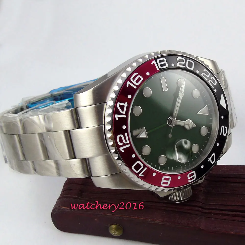 40mm parnis Green dial Sapphire Glass SS Case Luminous Marks gmt Date Deployment Bucket automatic mechanical Men's Wristwatches