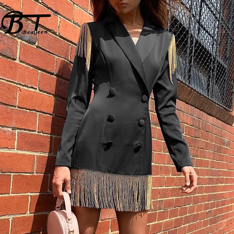 

Beateen 2019 New Spring Black Fashion Mini Blazer Dress With Tassel Long Sleeve Office Lady Solid Formal Business Wear
