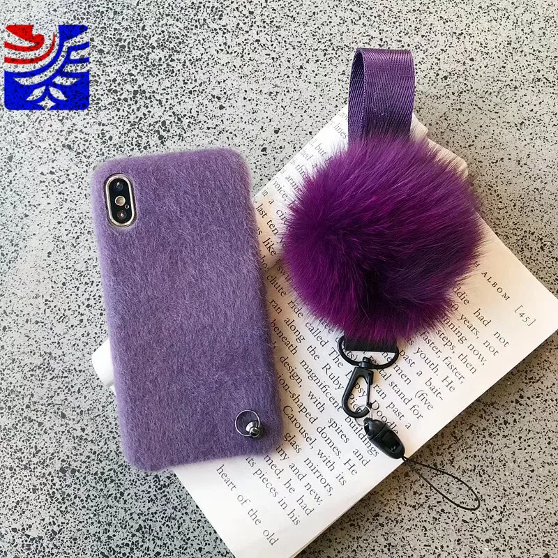 PEIPENG Simple and comfortable Plush Hairball Warm winter Phone Case Silica gel Faux rabbit fur For iPhone XS MAX 6 6s 7 8plus Fashion Christmas gift Anti-fall5