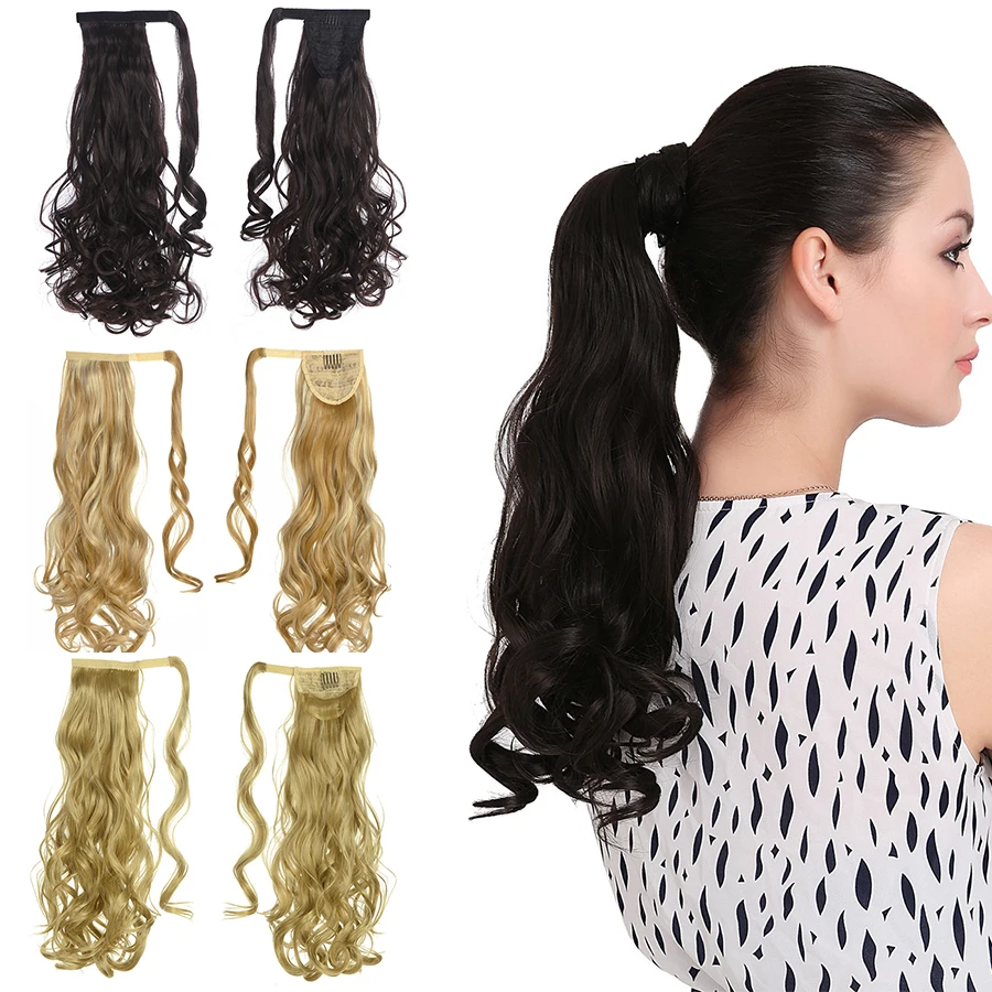 Synthetic Hair Long Wavy Clip In Ribbon Ponytail Hair Extensions curly