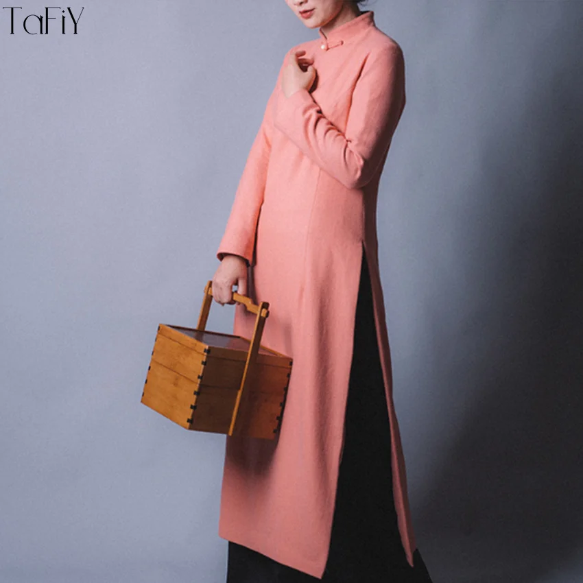 TaFiY Vestidos 2017 зимние платья для женщин Ретро стиль воротник стойка одноцветное
