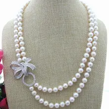 Дизайн натуральный пресноводный жемчуг 2 нити 8-9 мм белый жемчуг ожерелье 20"