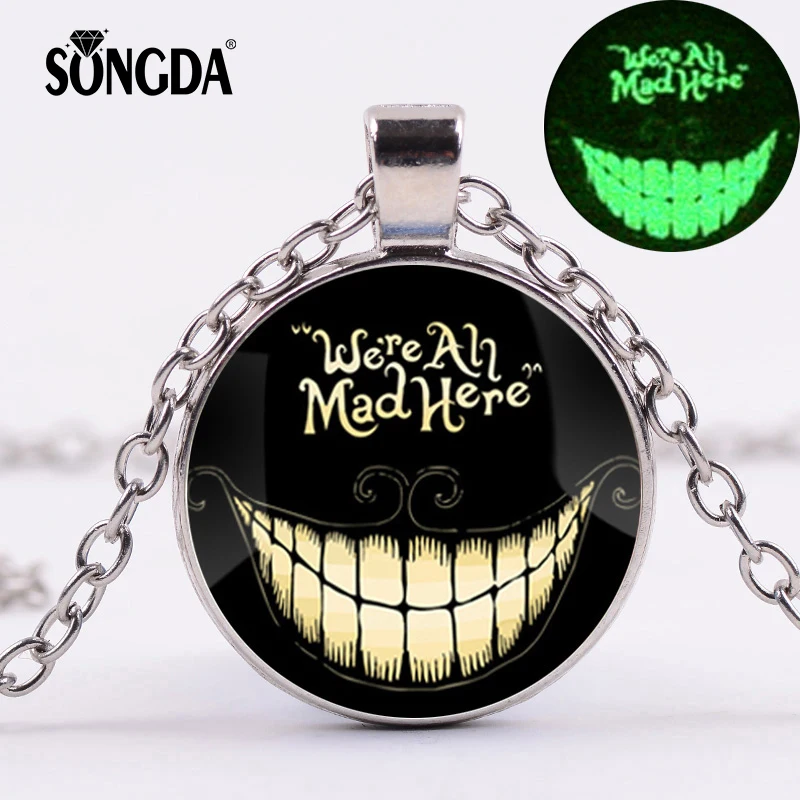 

SONGDA Newest Alice Adventures in Wonderland Necklace Cheshire Cat We're All Mad Here Glow in the Dark Creative Luminous Jewelry