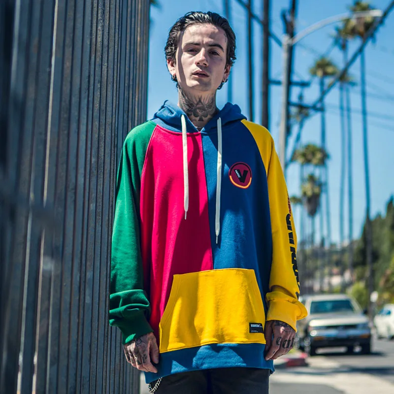  Hip Hop Hoodie Sweatshirt Mens Color Block Patchwork Harajuku Hoodie Streetwear Casual HipHop Pullo