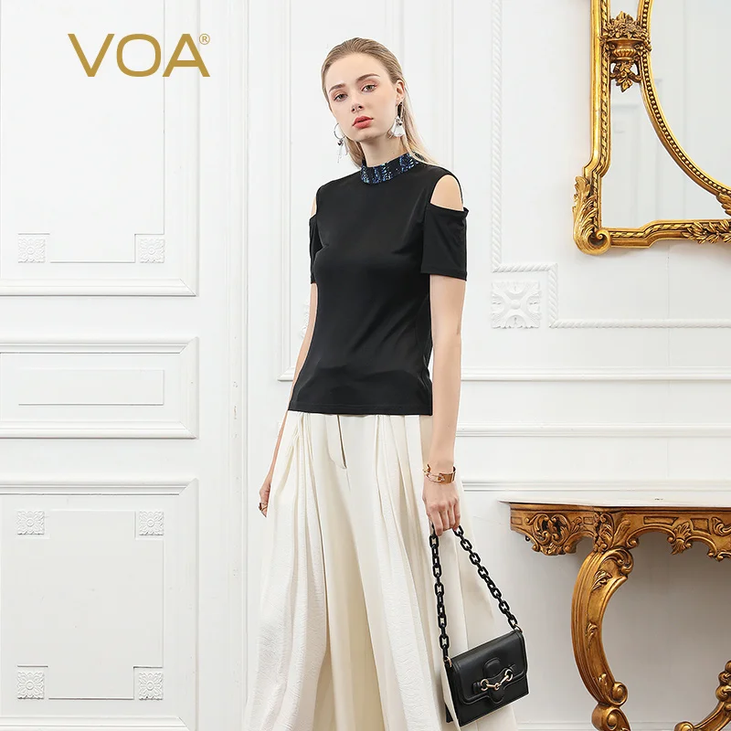 VOA Zijde Gebreide T-shirt Vrouwen Zwart Sexy Off Shoulder Dames Tops Basic Tee Korte Mouw Hoge Kraag Grote Maat zomer B750 VOA Zijde Gebreide T-shirt Vrouwen Zwart Sexy Off Shoulder Dames Tops Basic Tee Korte Mouw Hoge Kraag Grote Maat zomer B750