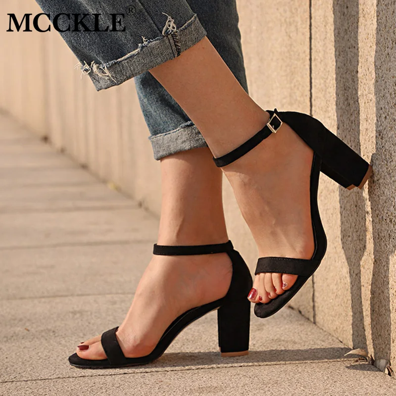 MCCKLE Chunky Heel Women Ankle Strap Gladiator Sandals Women’s Summer Shoes Fashion Female Sandilas Cover Heel Flock Party Shoes