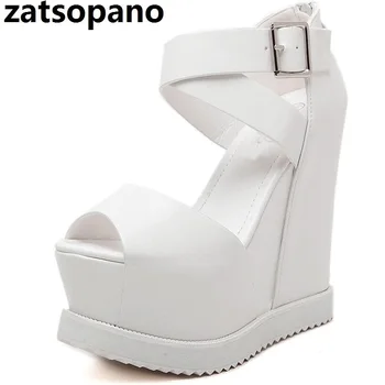 

Zatsopano 2019 Summer Style Black White Sexy Wedges Ultra High Platform Heels Sandals Women's Shoes Woman Wedding Dress Ladies