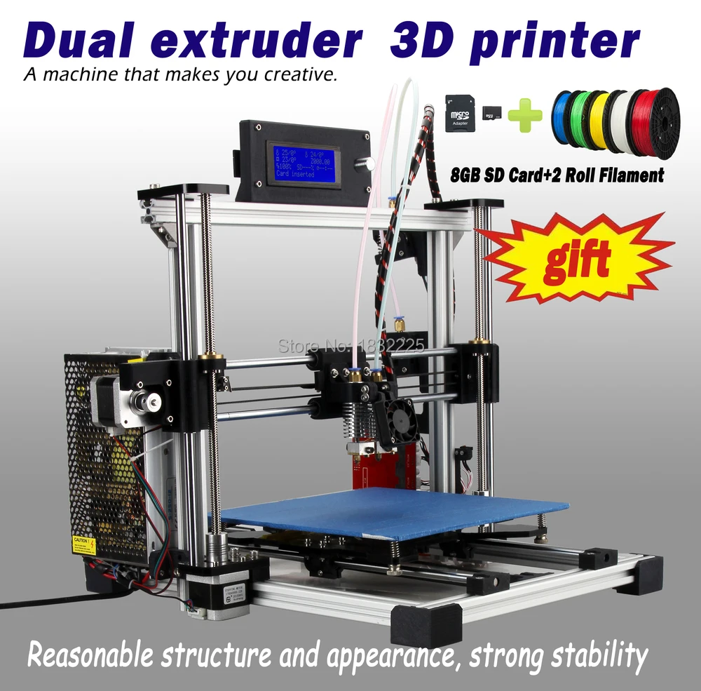 Auto Leveling Double Nozzles Dual Extruder 3d printer reprap prusau i3 kit impressora 3d with LCD 8GB SD card + 2 Rolls filament