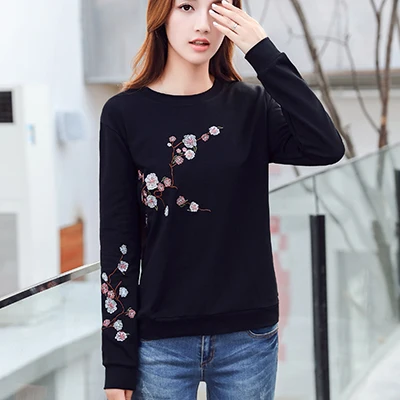Новая женская осенняя коллекция, корейский пуловер с длинным рукавом и цветочной вышивкой, женская одежда размера плюс, Sudadera Mujer Sweat Femme - Цвет: black blouse