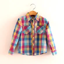 Одежда для маленьких девочек на осень и весну Повседневная одежда с изображением персонажей мультфильма, унисекс, для детей, рубашки для мальчиков, блузки в клетку для детей, отложной воротник одежда с карманами, 6 шт./лот