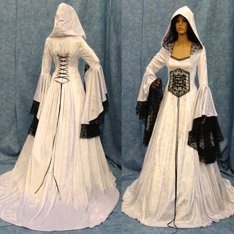 Для взрослых женщин средневековое свадебное платье макси платье Винтаж Белый Готический языческий костюм с капюшоном кружевное платье для женщин S-2XL