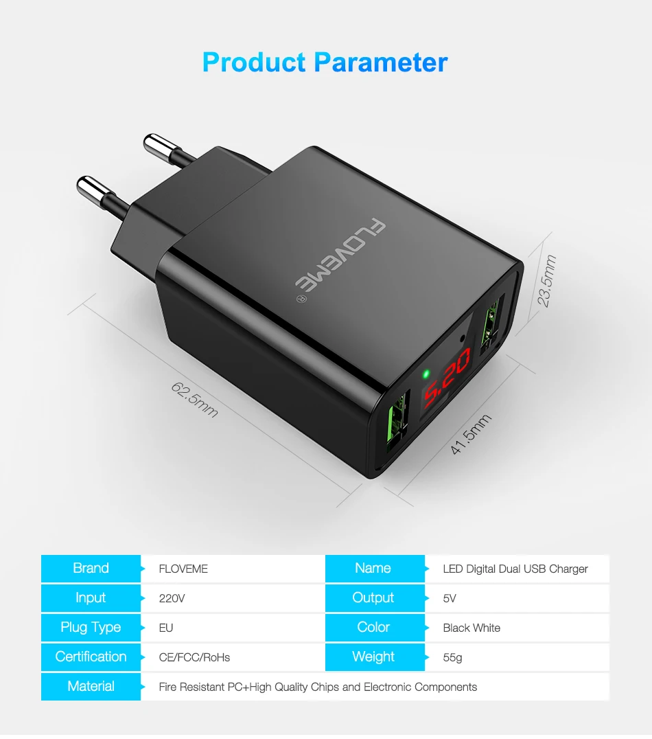 FLOVEME Smart USB зарядное устройство, двойной USB светодиодный цифровой адаптер для зарядки для iPhone, samsung, Xiaomi, EU Plug, настенное зарядное устройство для телефона