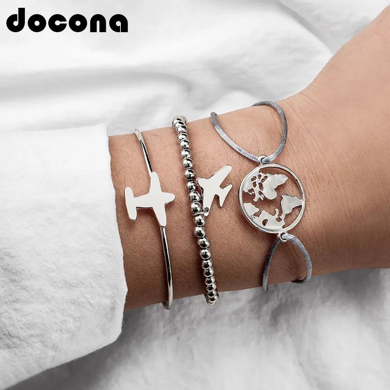 

docona Silver Aircraft Map Pendant Bracelets Set for Women Girl Beads String Open Adjustable Layered Bracelet Set Pulseiras 6958