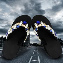 Г. европейские размеры 35-41; Yeshitop; Вьетнамки ручной работы с жемчугом и синими стразами; пляжные женские шлепанцы на платформе; женские босоножки