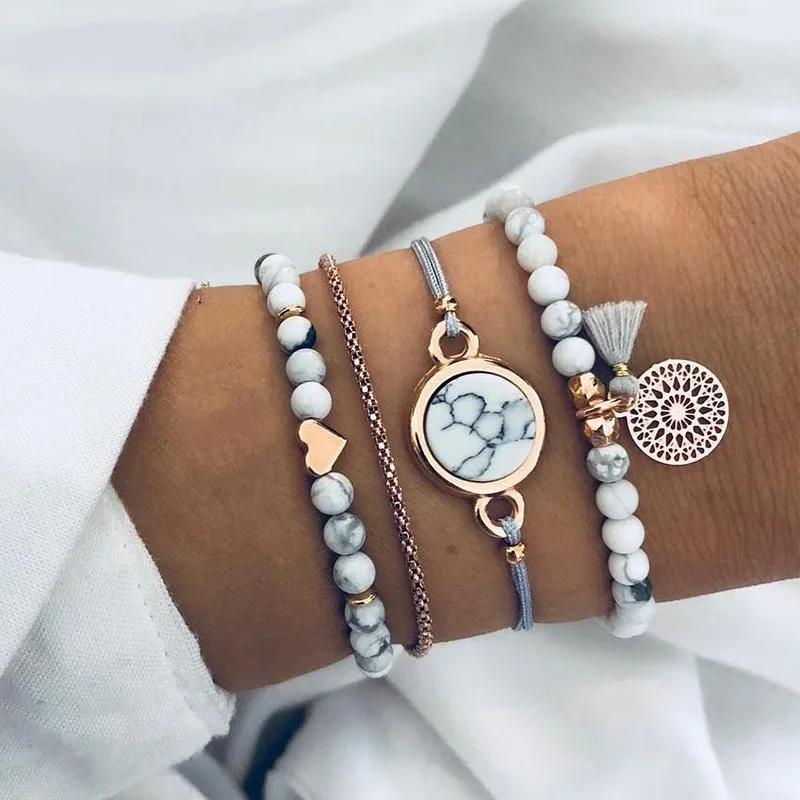 

Miss JQ 4Pcs/set Fashion Handmade Natural Stone Beaded Weave Rope Tassel Bracelets Bangles Set for Women Jewelry dames armbanden