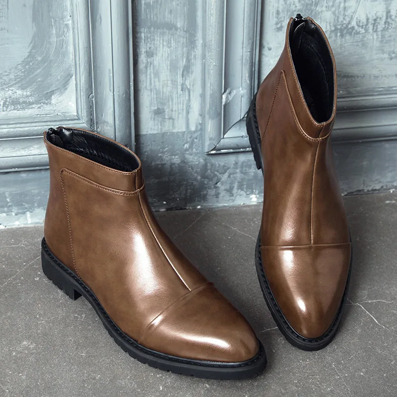 Yomior/сезон осень-зима; модная мужская обувь с острым носком; повседневные деловые ботильоны в английском стиле; высококачественные ботинки «Челси» из натуральной кожи - Цвет: Коричневый