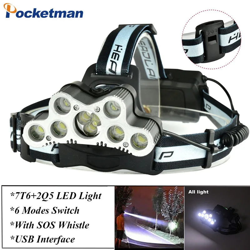 

Headlight 45000 Lumen USB 9LEDs Headlamp Adjustable Head Light Fishing Torch Lantern with 18650 battery and SOS Whistle