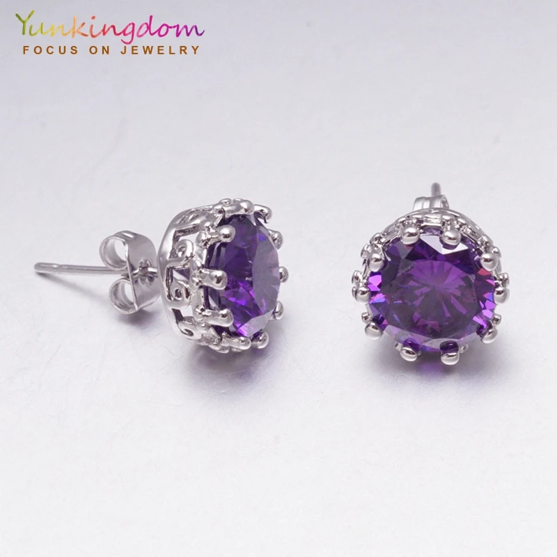 

Yunkingdom wholesale wonderful silver color stud earrings for women purple cubic zirconia crystal fashion jewelry