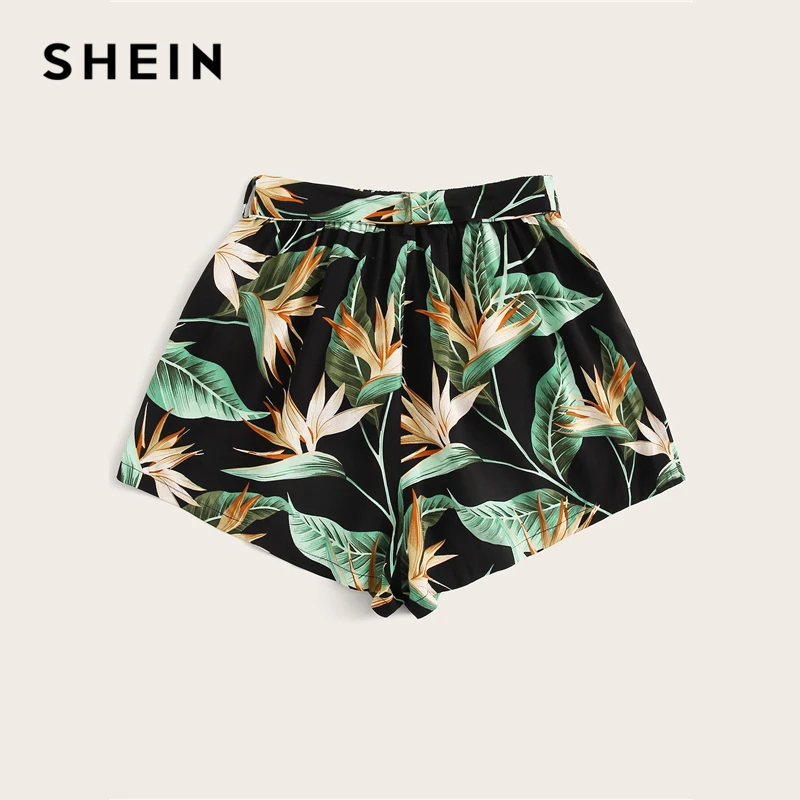 Женские пляжные шорты SHEIN многоцветные богемные с тропическим принтом и поясом
